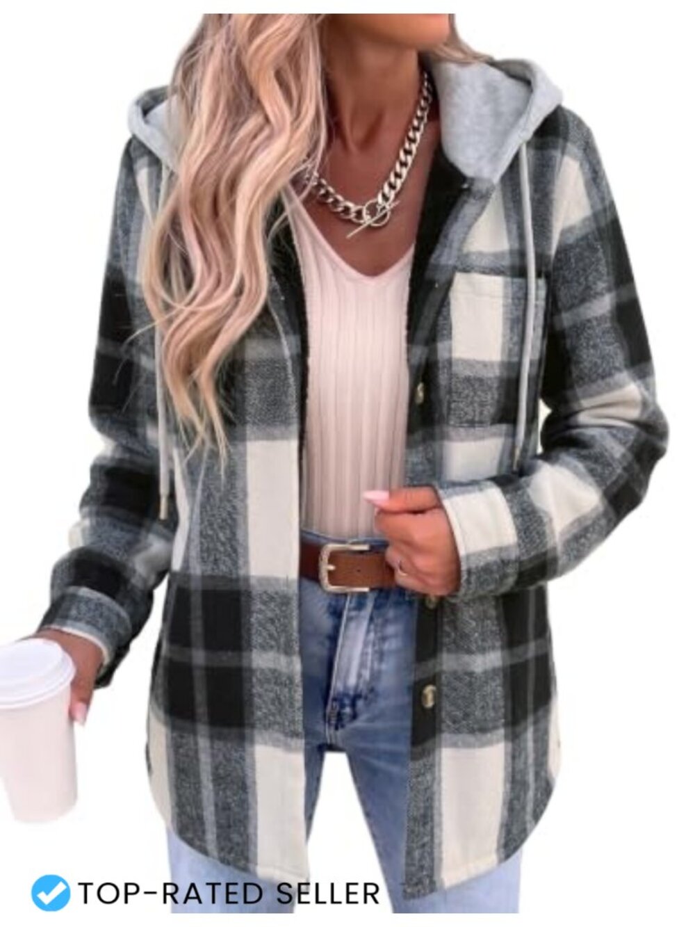 Women's Plaid Fleece Shacket Winter Coat Hooded Button Down